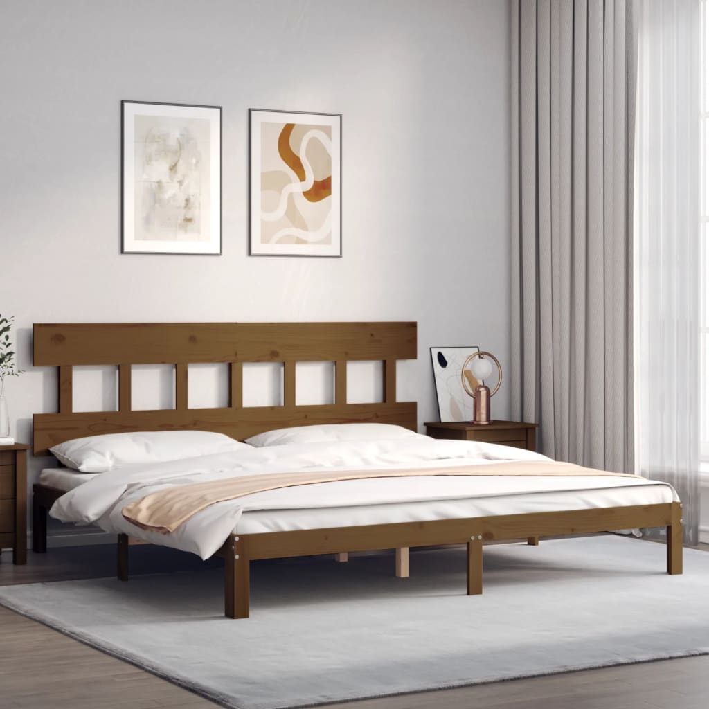 sengeramme med sengegavl 200x200 cm massivt træ gyldenbrun