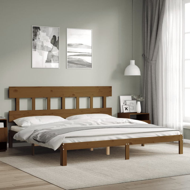 sengeramme med sengegavl 200x200 cm massivt træ gyldenbrun