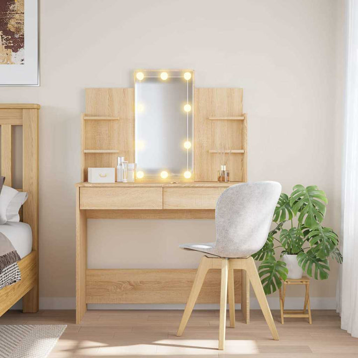 makeupbord med LED-lys 96x40x142 cm sonoma-eg