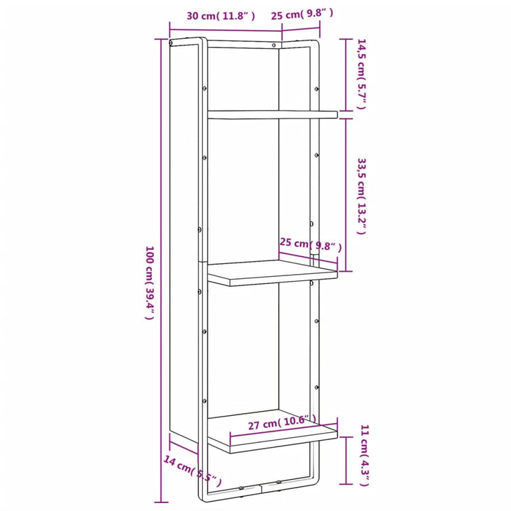 vægreol med 3 hylder 30x25x100 cm konstrueret træ sonoma-eg