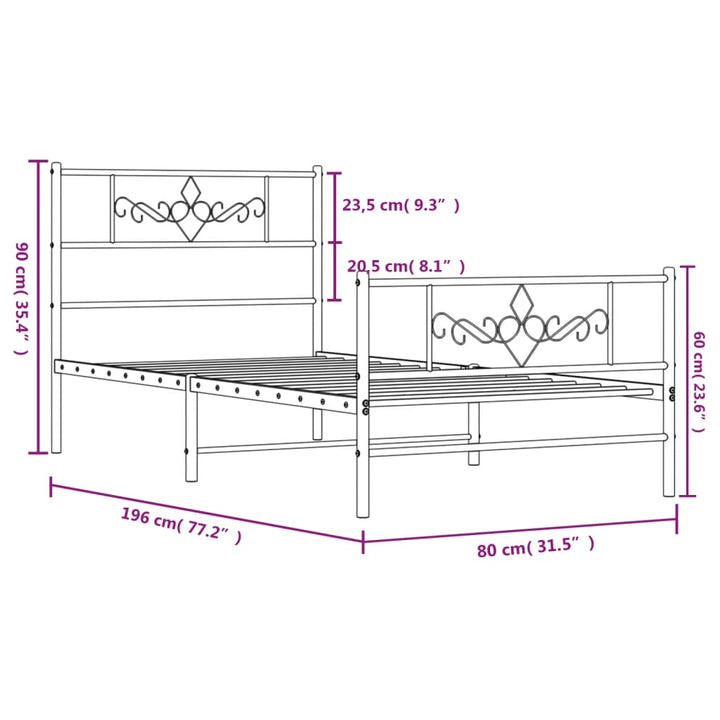 sengeramme med sengegavl og fodgærde 75x190 cm metal sort