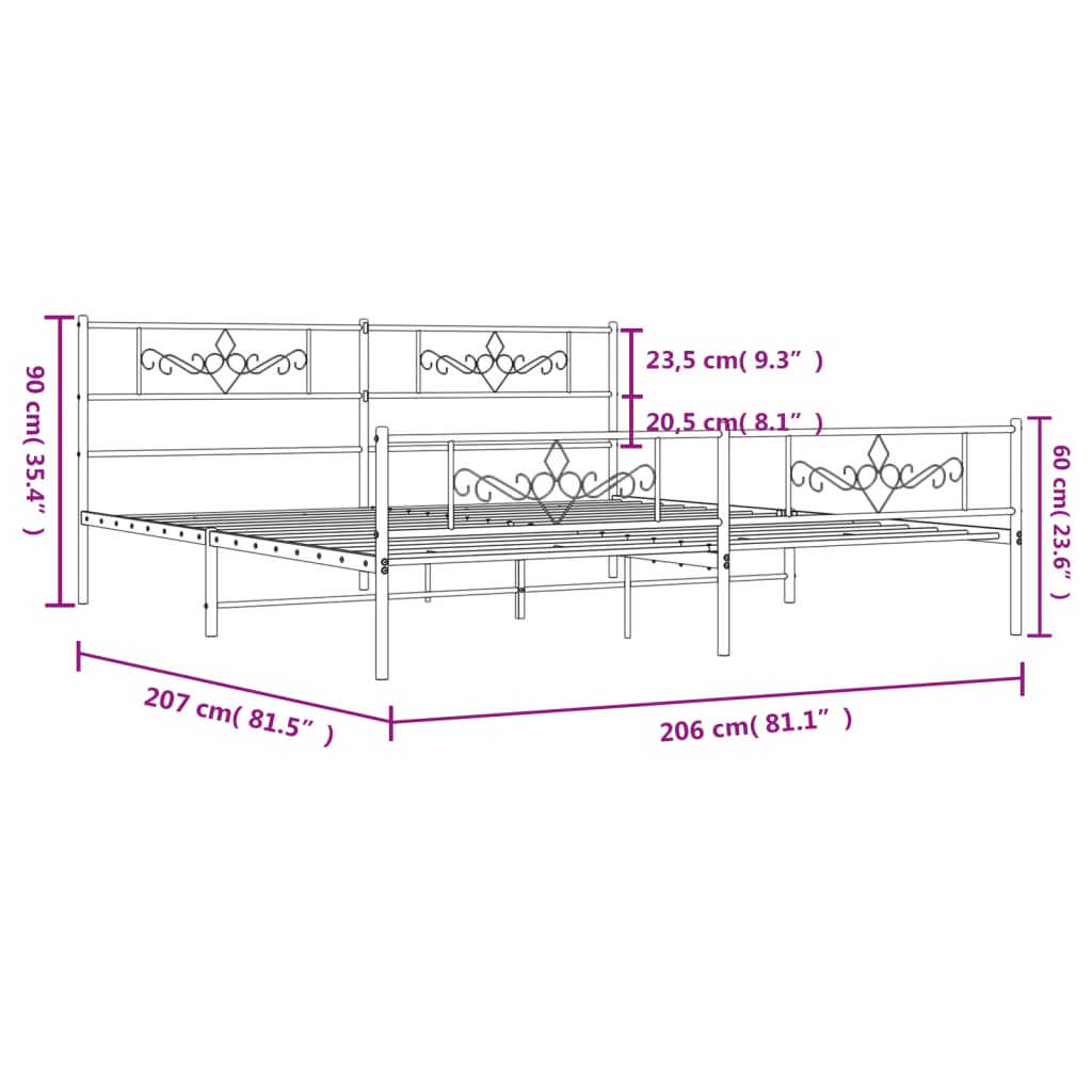 sengeramme med sengegavl og fodgærde 200x200 cm metal hvid