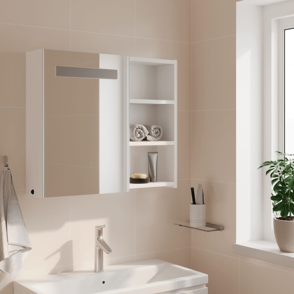 badeværelsesskab med spejl og LED-lys 60x13x52 hvid