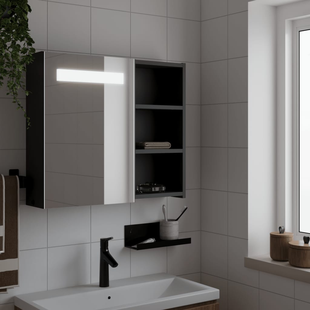 badeværelsesskab med spejl og LED-lys 60x13x52 sort