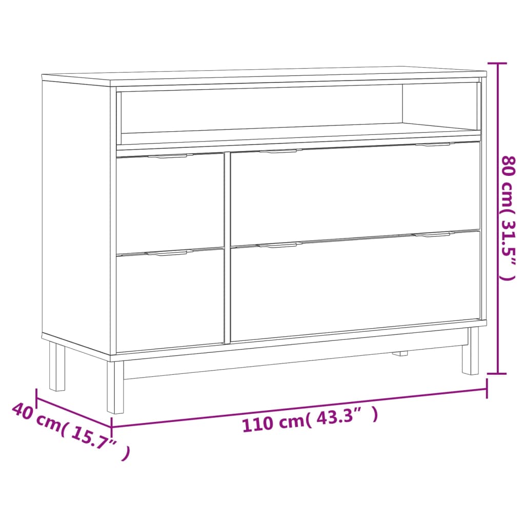 kommode FLAM 110x40x80 cm massivt fyrretræ