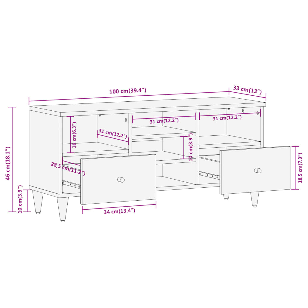tv-bord 100x33x46 cm massivt mangotræ