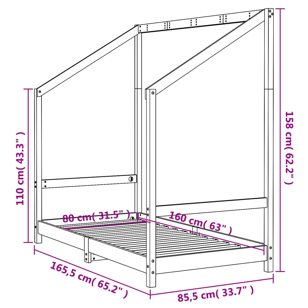 sengeramme til juniorseng 80x160 cm massivt fyrretræ hvid