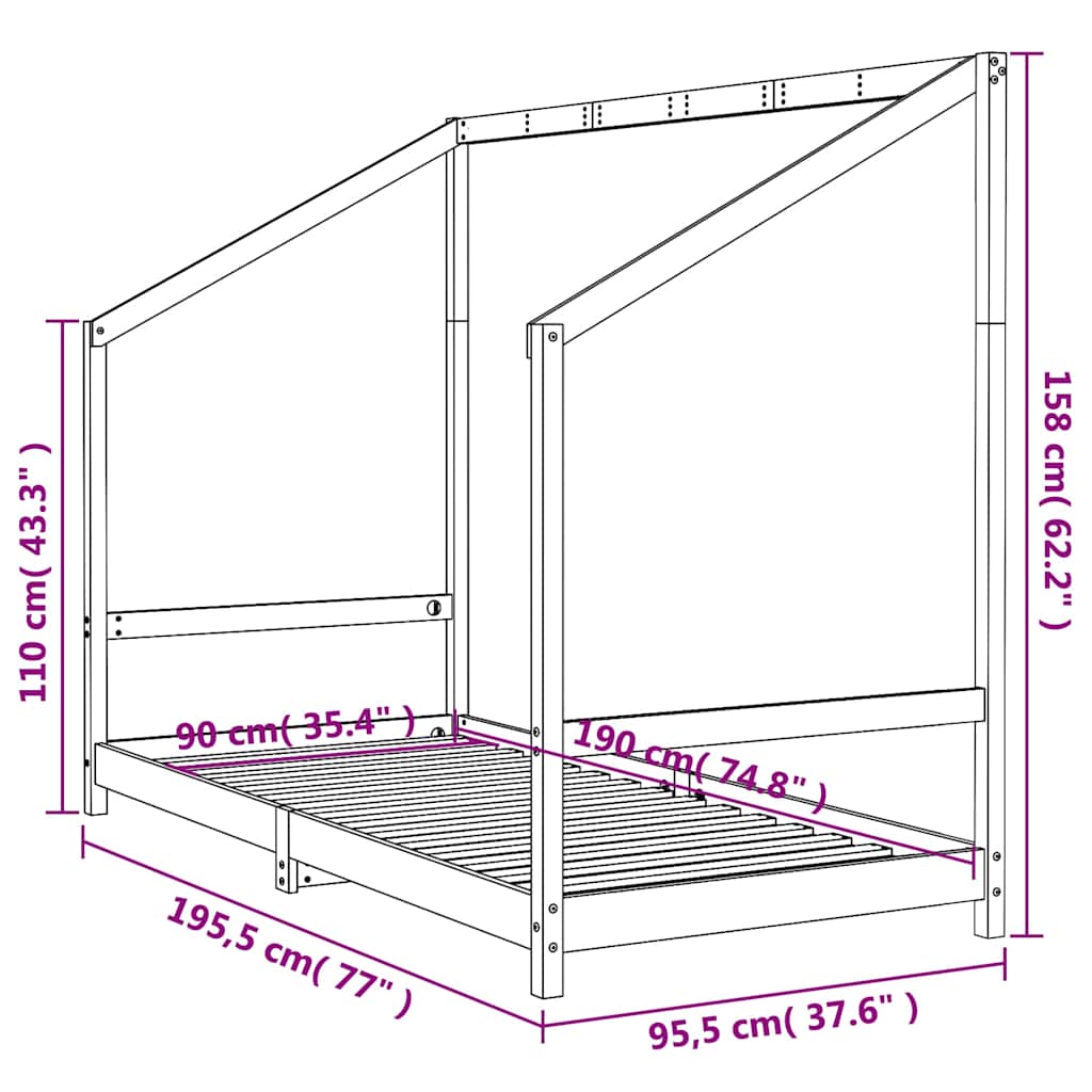 sengeramme til juniorseng 90x190 cm massivt fyrretræ hvid