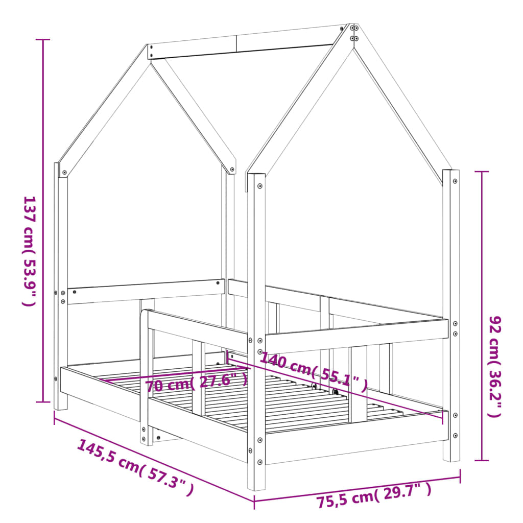 sengeramme til juniorseng 70x140 cm massivt fyrretræ hvid