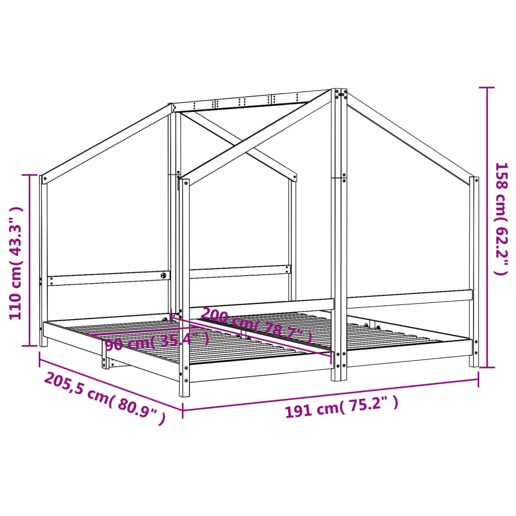 sengeramme til juniorseng 2x(90x200) cm massivt fyrretræ hvid