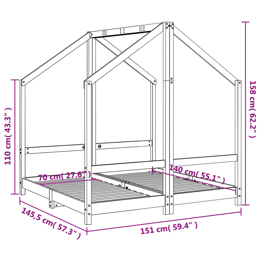 sengeramme til juniorseng 2x(70x140) cm massivt fyrretræ