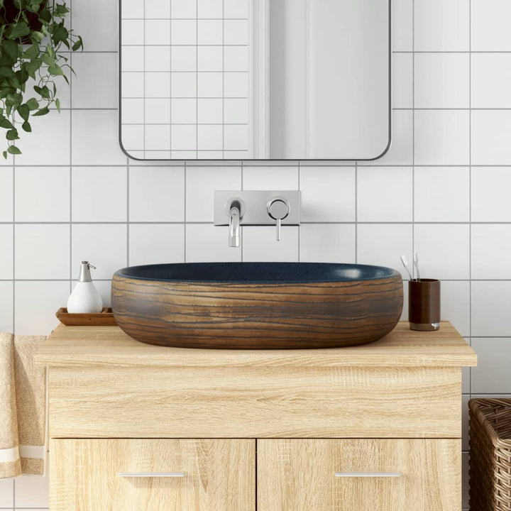 håndvask til bordplade 59x40x14 cm oval keramik brun og blå