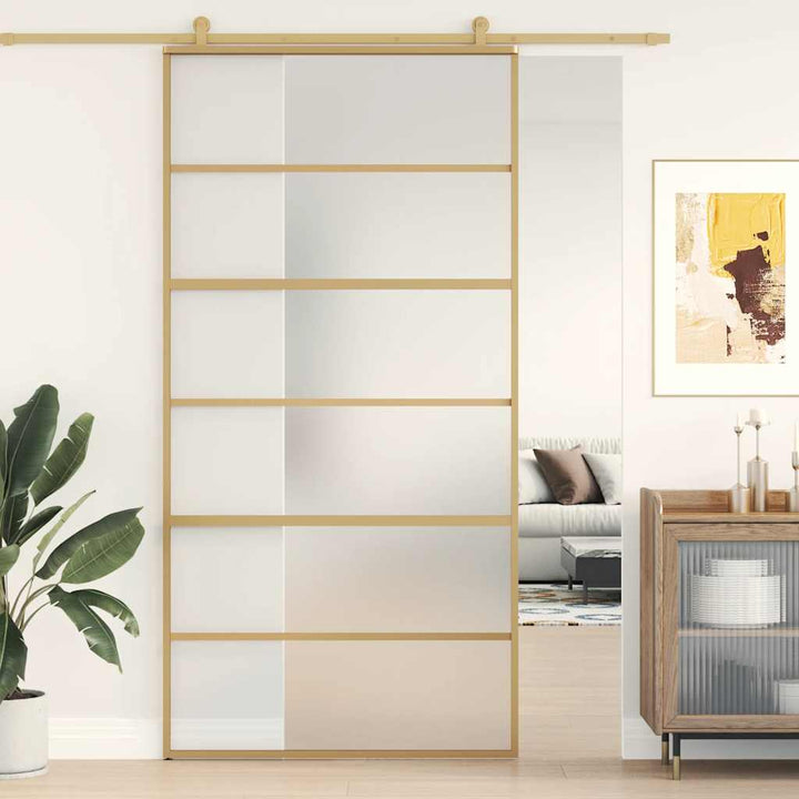 skydedør 102,5x205 cm matteret sikkerhedsglas aluminium gylden