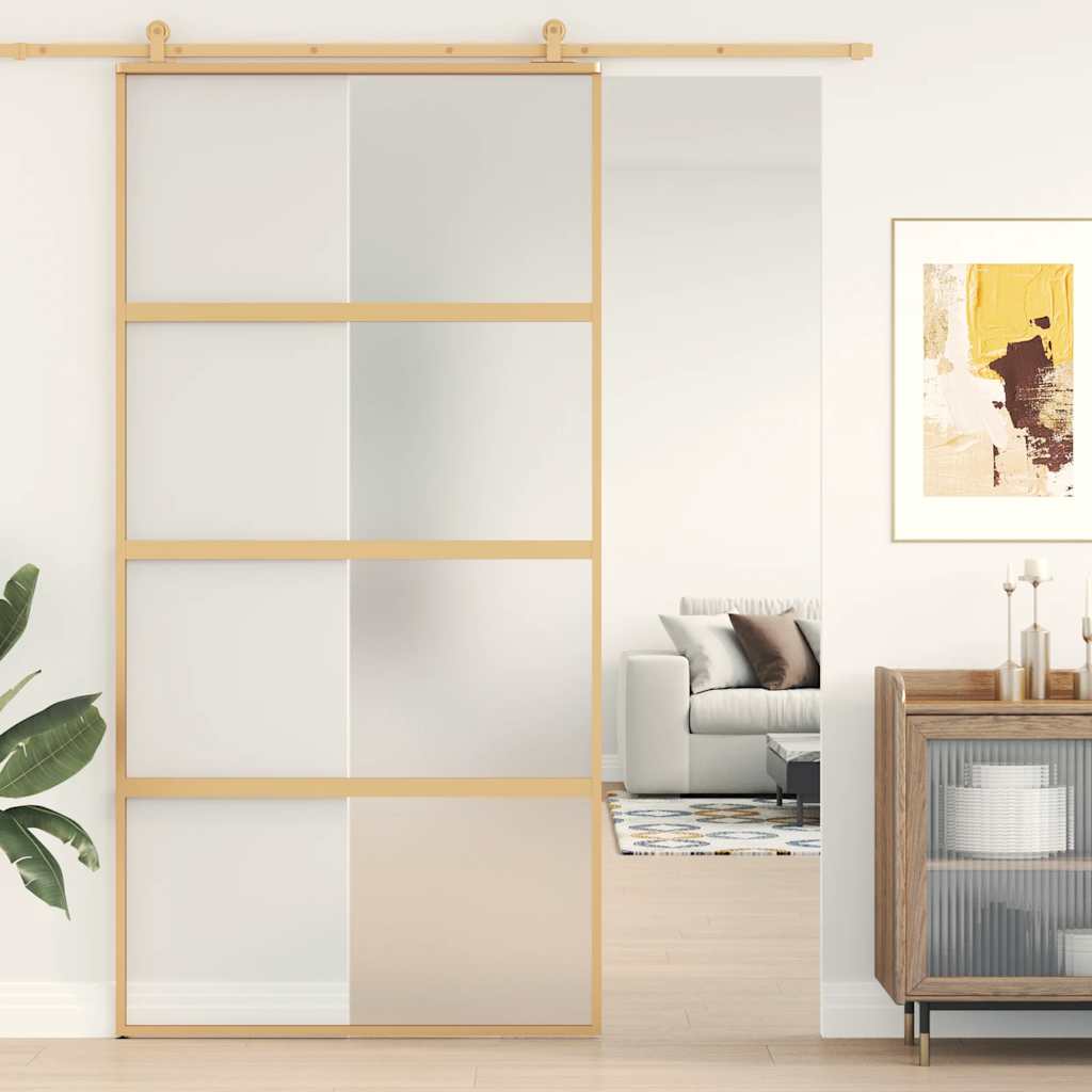 skydedør 102,5x205 cm matteret sikkerhedsglas aluminium gylden
