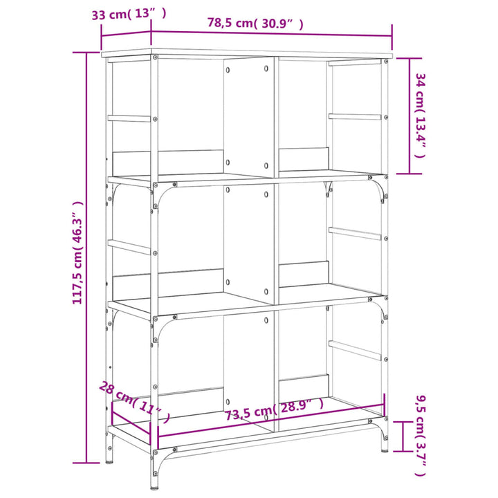 bogreol 78,5x33x117,5 cm konstrueret træ sonoma-eg