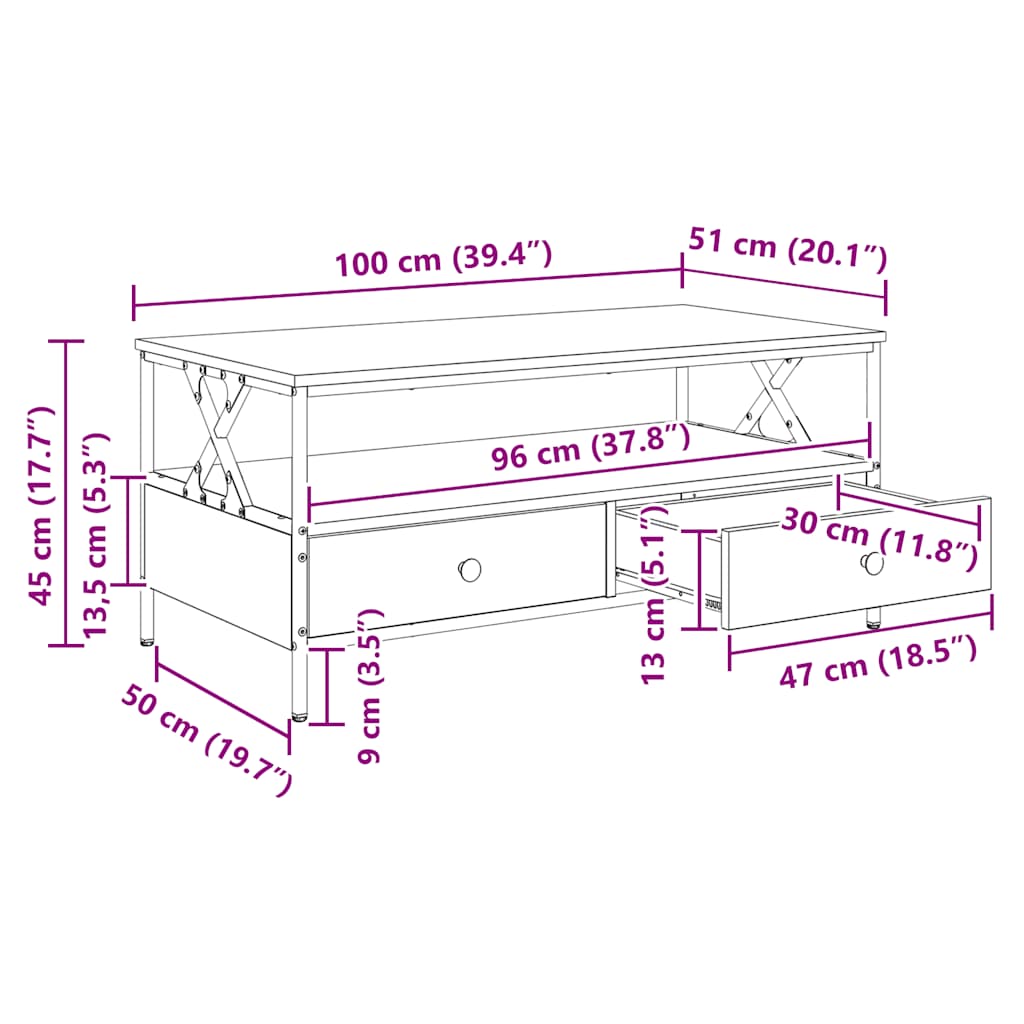 sofabord 100x51x45 cm konstrueret træ sort