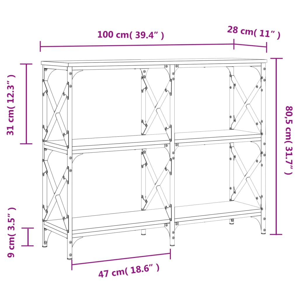 konsolbord 100x28x80,5 cm konstrueret træ sonoma-eg