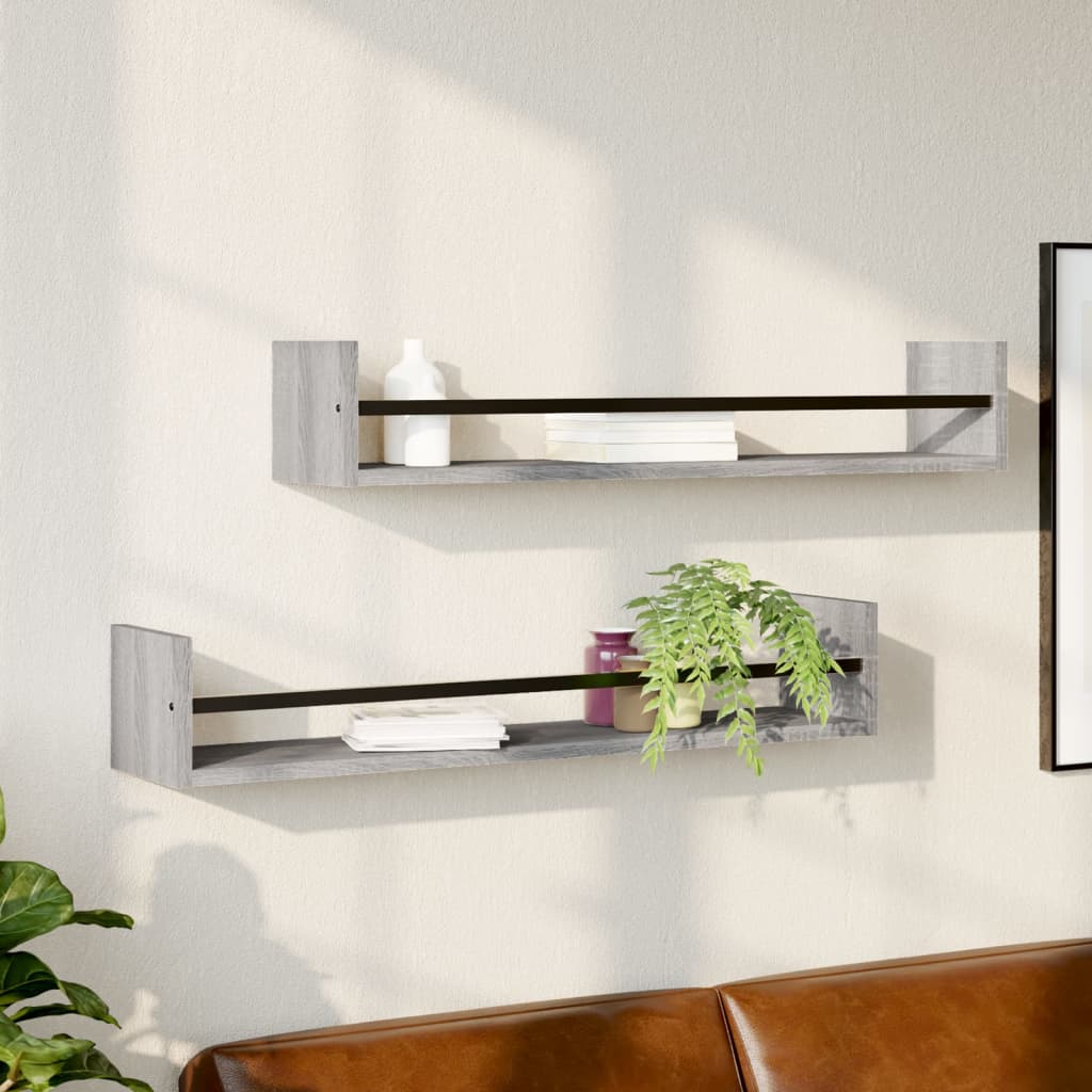 væghylder med stænger 2 stk. 80x16x14 cm grå sonoma-eg