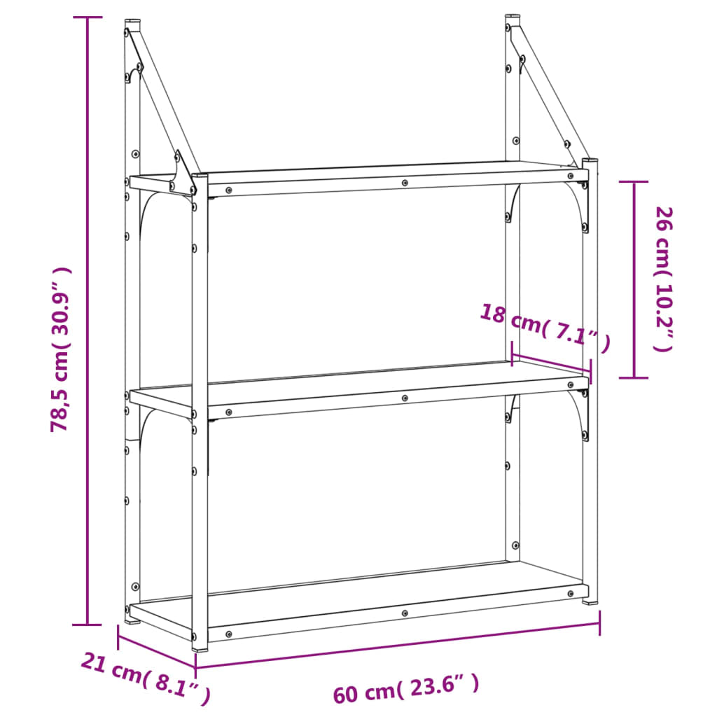 vægreol med 3 hylder 60x21x78,5 cm konstrueret træ sonoma-eg