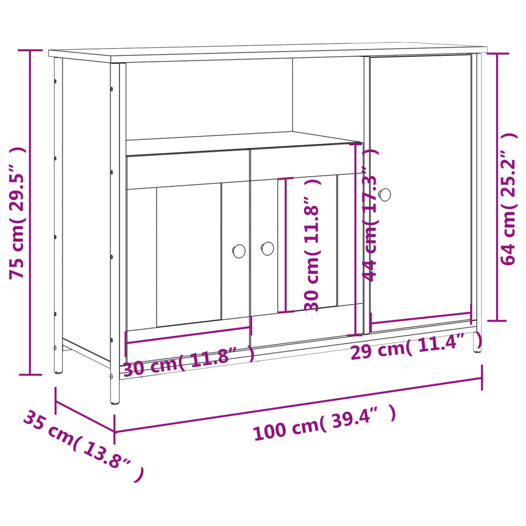 skænk 100x35x75 cm konstrueret træ røget egetræsfarve