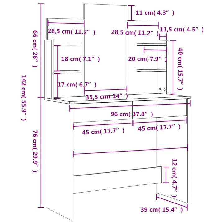 makeupbord med spejl 96x39x142 cm hvid