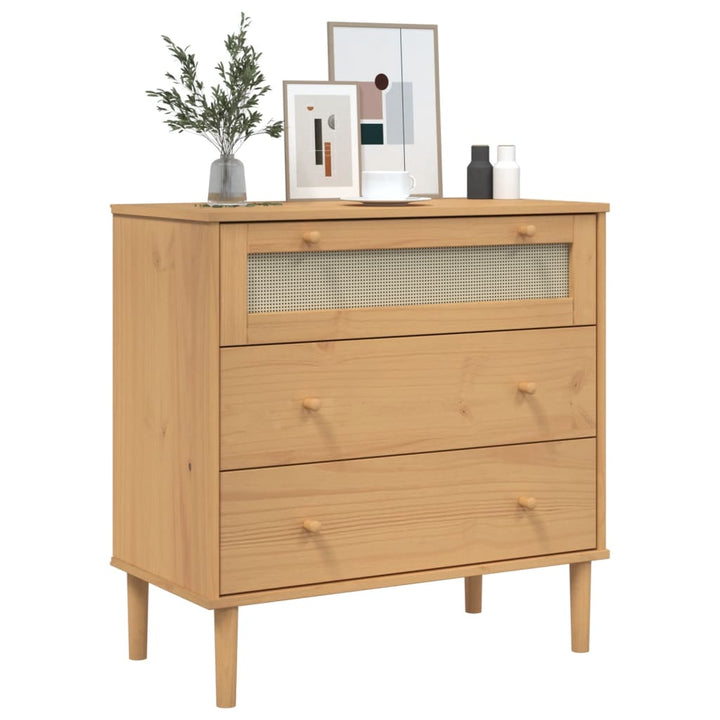 kommode SENJA rattanlook 80x40x80 cm massivt fyrretræ brun
