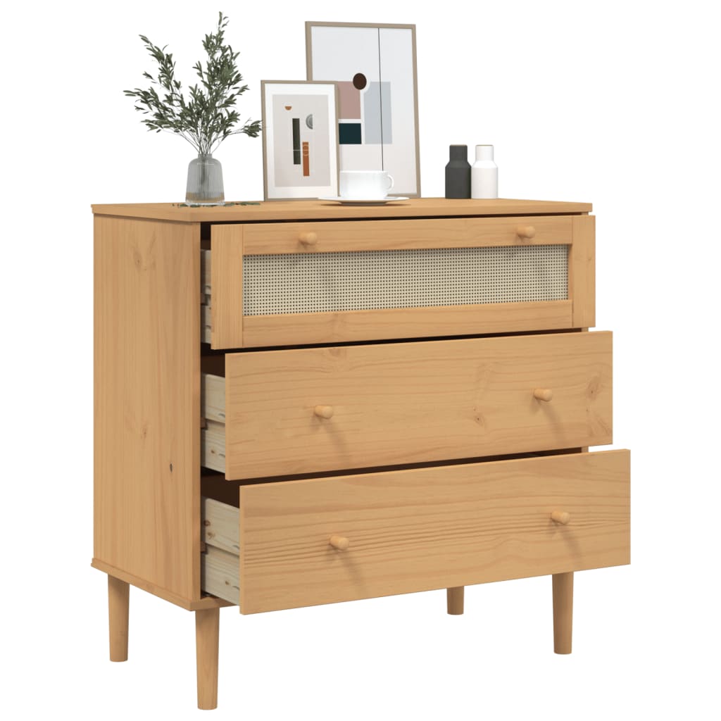 kommode SENJA rattanlook 80x40x80 cm massivt fyrretræ brun