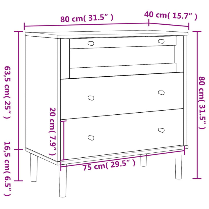 kommode SENJA rattanlook 80x40x80 cm massivt fyrretræ sort