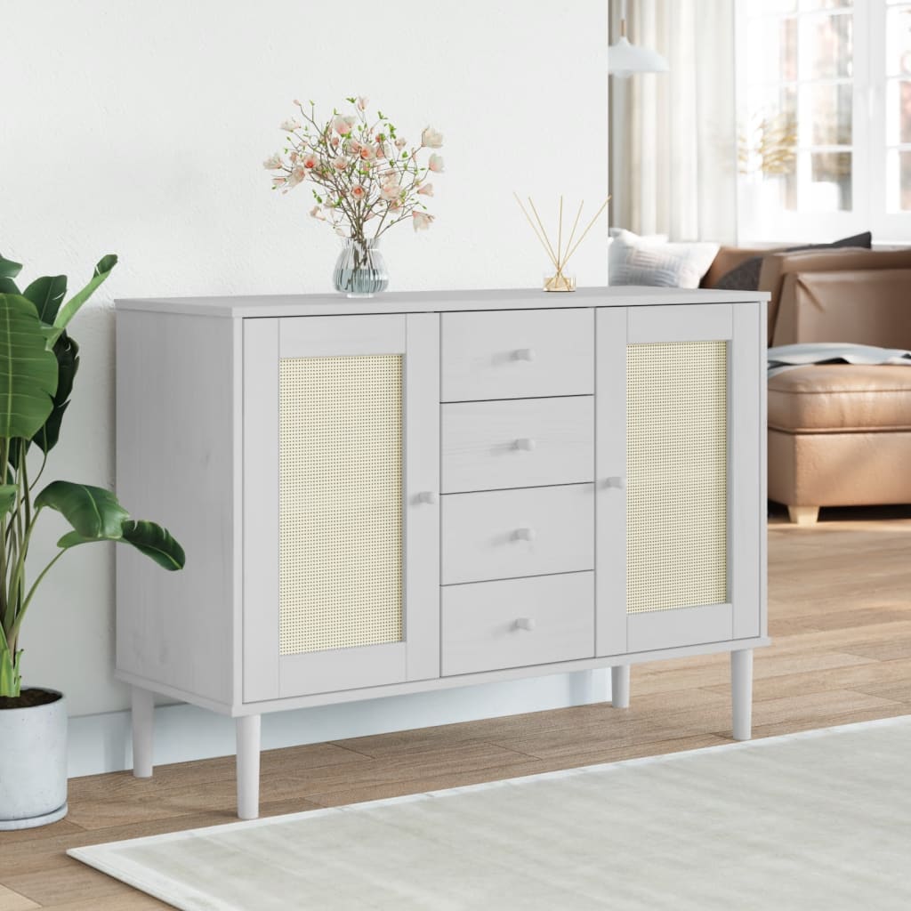 skænk SENJA 112x40x80 cm rattan-look massivt fyrretræ hvid