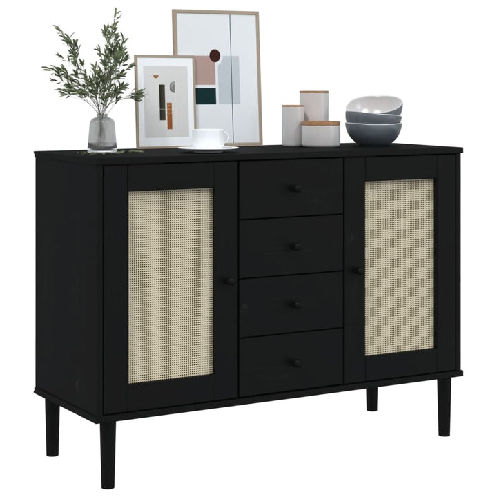 skænk SENJA 112x40x80 cm rattan-look massivt fyrretræ sort