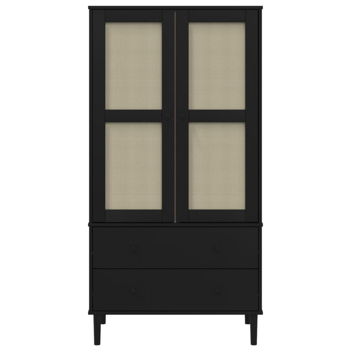 klædeskab SENJA 90x55x175 cm rattan-look massivt fyrretræ sort