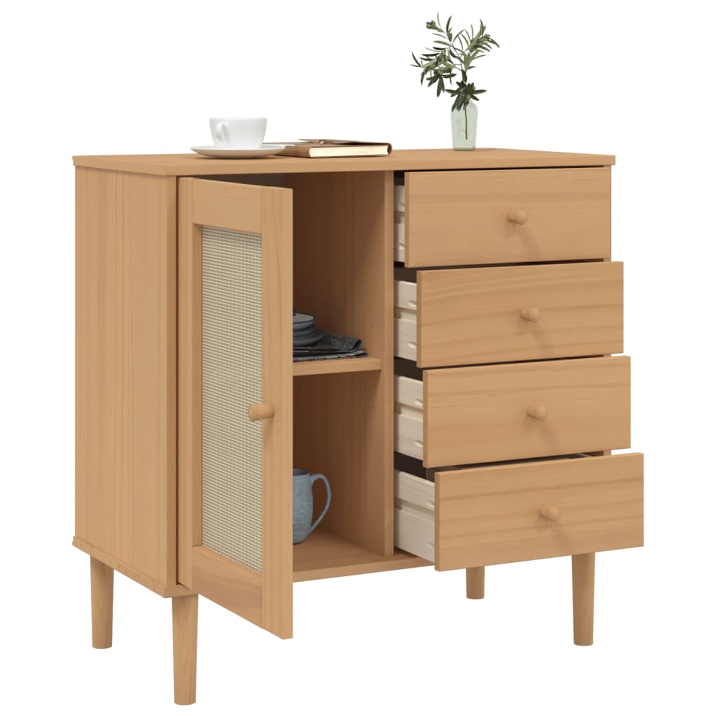 skænk SENJA 80x40x80 cm rattan-look massivt fyrretræ brun