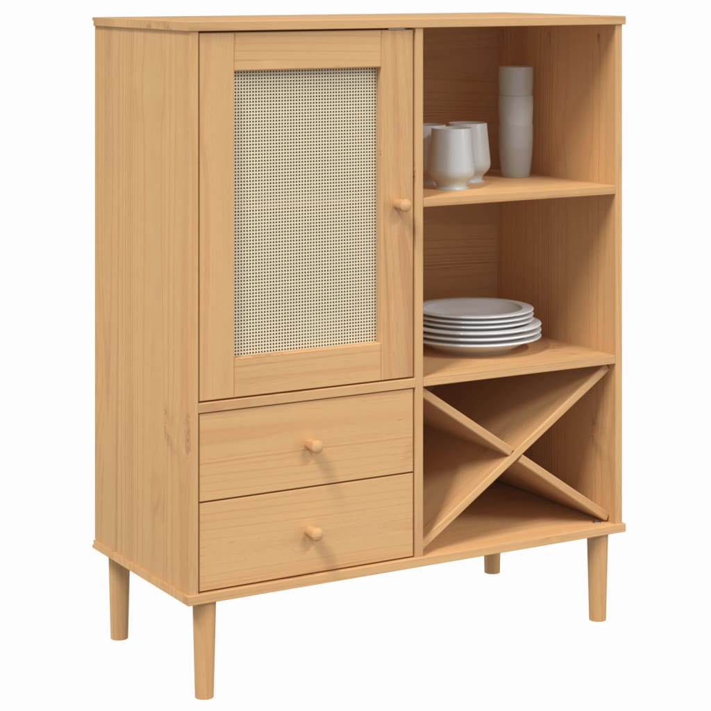 skænk SENJA 90x40x112 cm rattan-look massivt fyrretræ brun