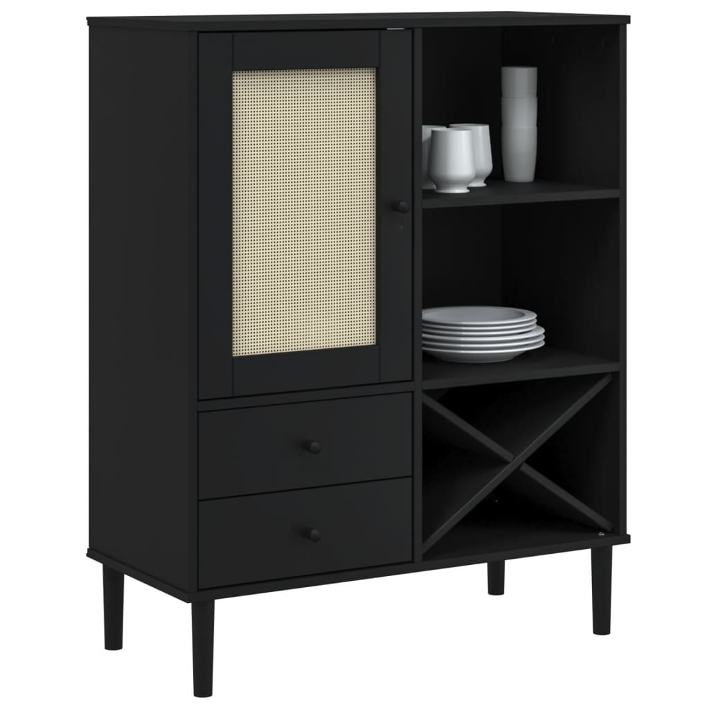 skænk SENJA 90x40x112 cm rattan-look massivt fyrretræ sort