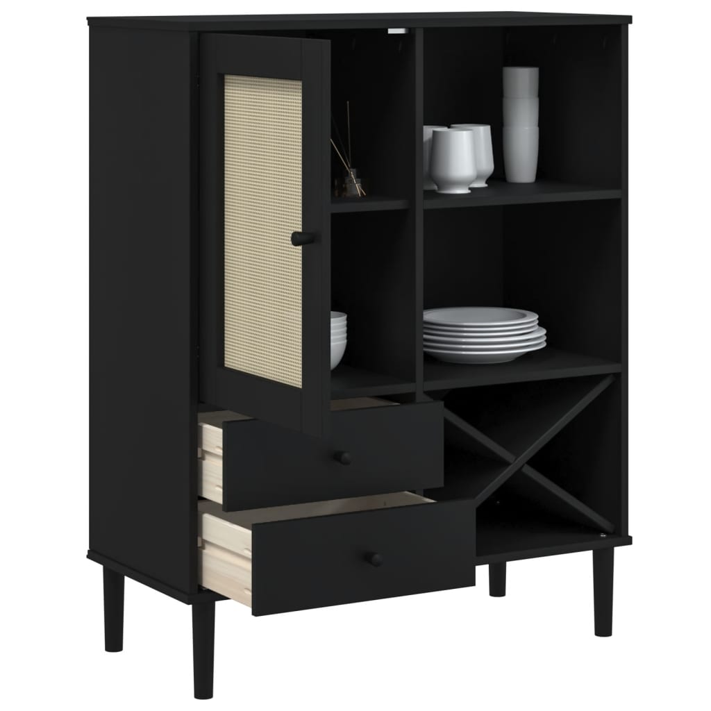 skænk SENJA 90x40x112 cm rattan-look massivt fyrretræ sort