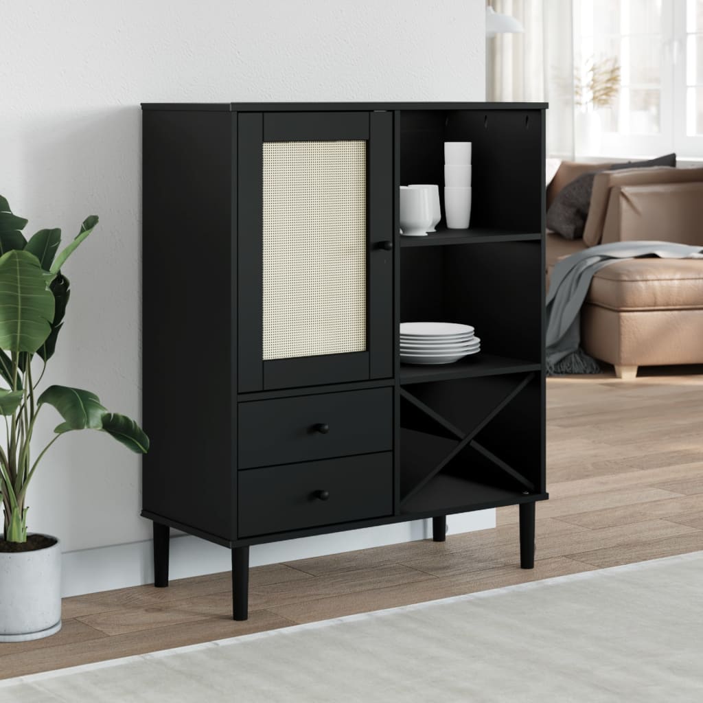 skænk SENJA 90x40x112 cm rattan-look massivt fyrretræ sort
