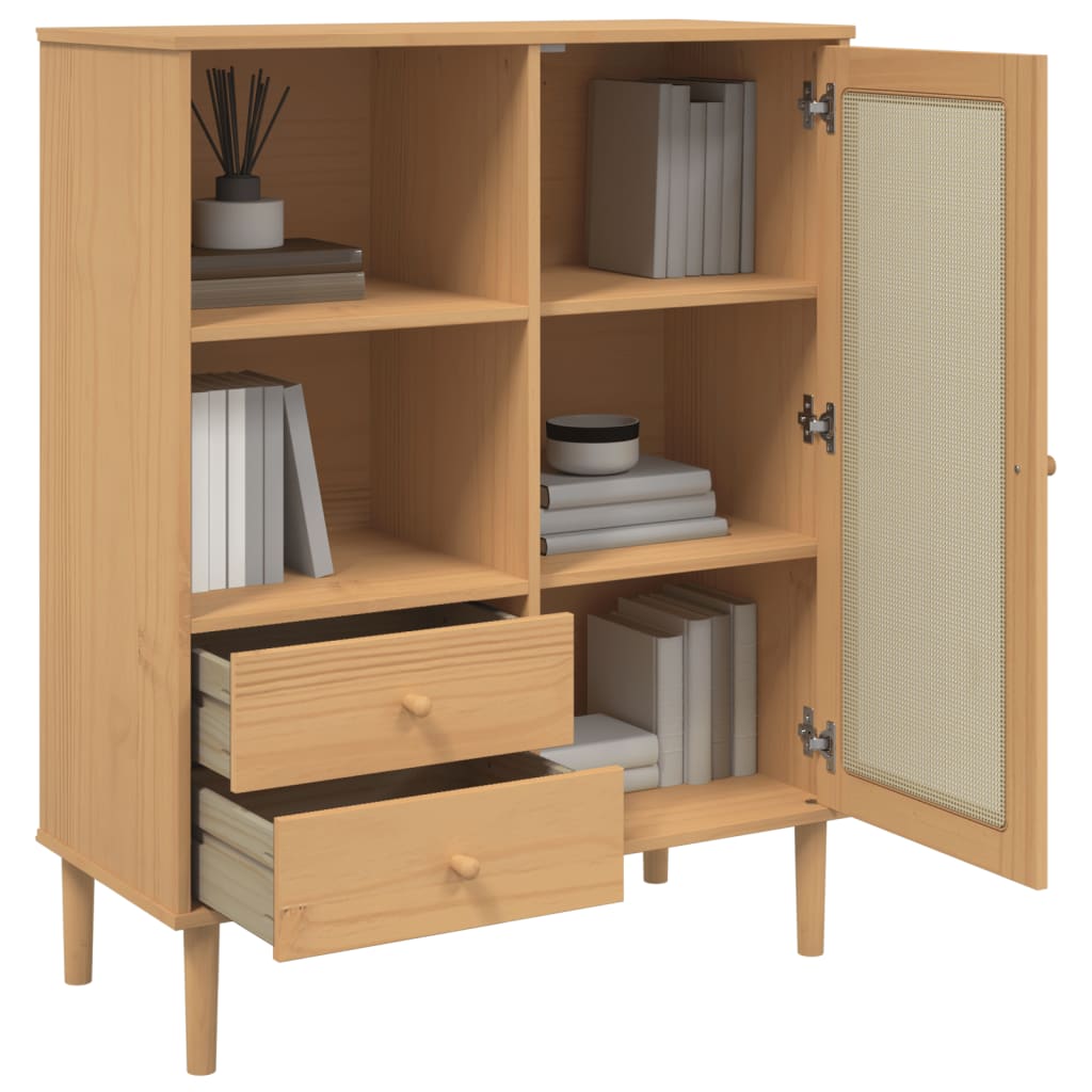 skænk SENJA 90x40x112 cm rattan-look massivt fyrretræ brun
