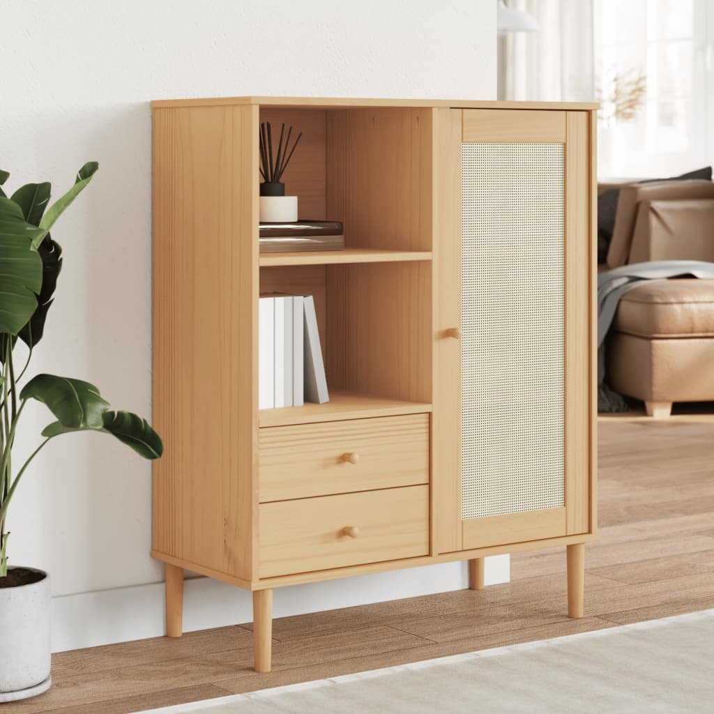 skænk SENJA 90x40x112 cm rattan-look massivt fyrretræ brun