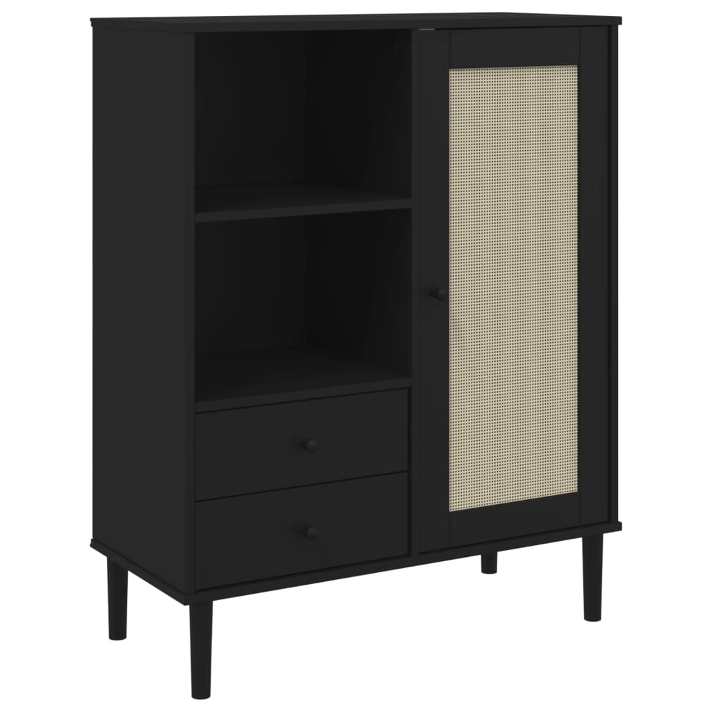 skænk SENJA 90x40x112 cm rattan-look massivt fyrretræ sort