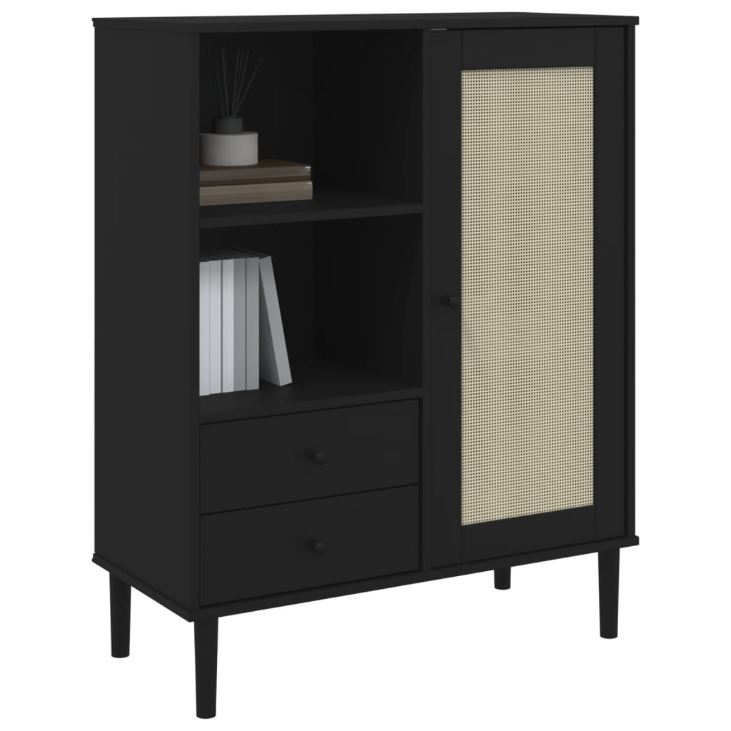 skænk SENJA 90x40x112 cm rattan-look massivt fyrretræ sort