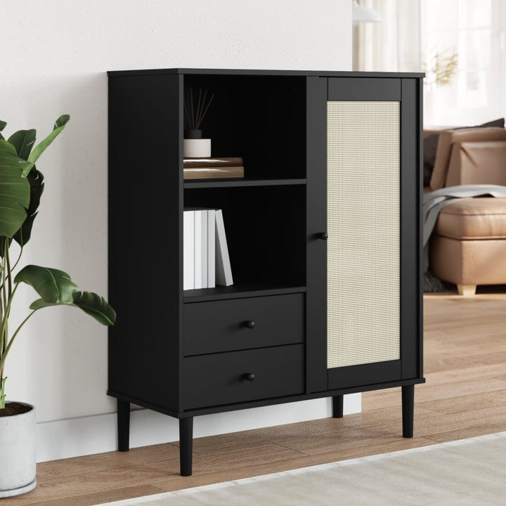 skænk SENJA 90x40x112 cm rattan-look massivt fyrretræ sort