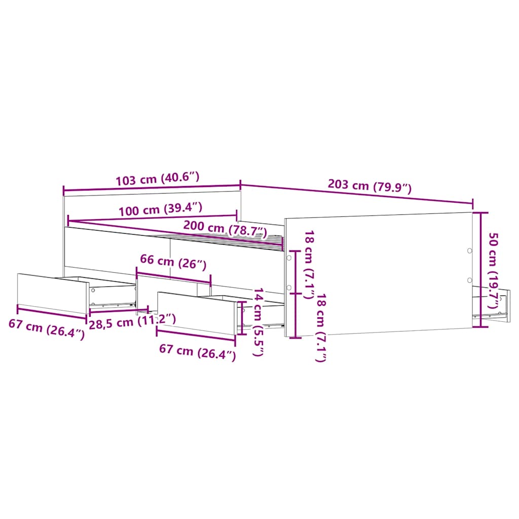 sengeramme med sengegavl og fodgærde 100x200 cm brunt egetræ