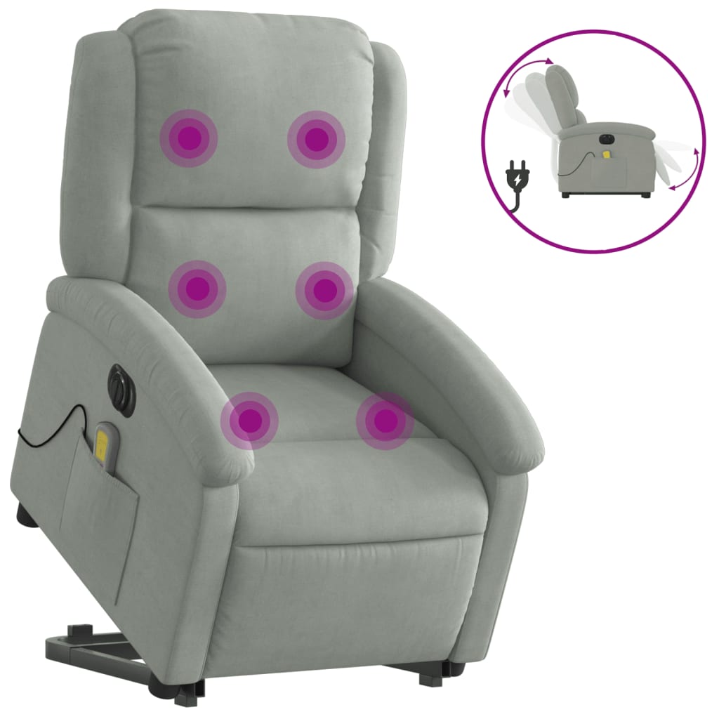 massagestol med løftefunktion velour lysegrå
