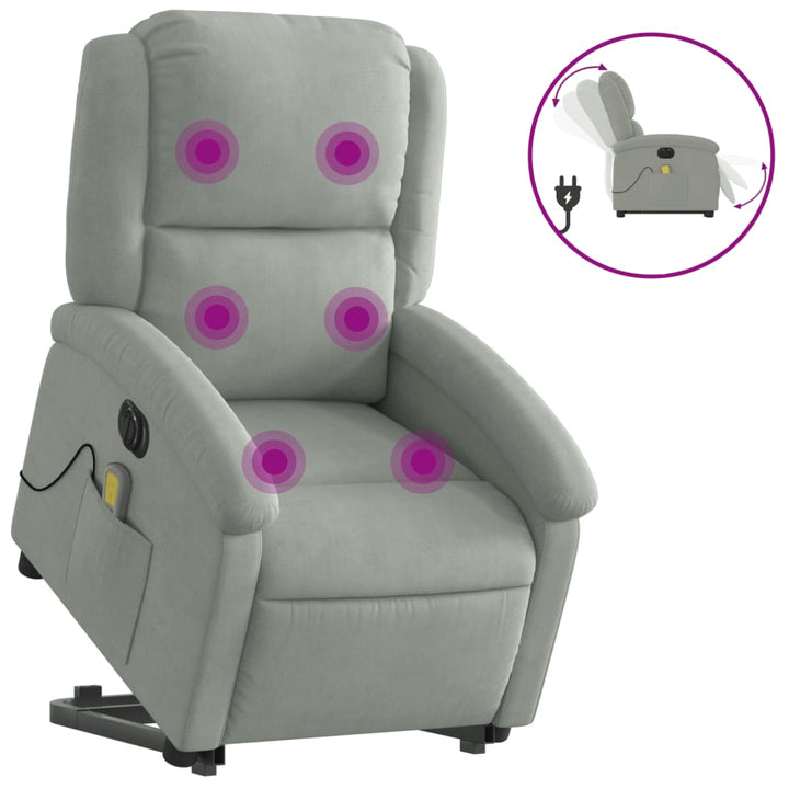 massagestol med løftefunktion velour lysegrå