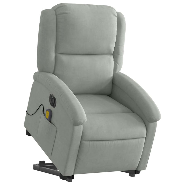 massagestol med løftefunktion velour lysegrå