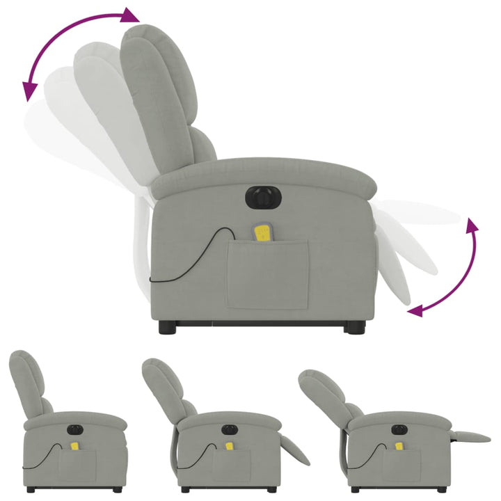 massagestol med løftefunktion velour lysegrå