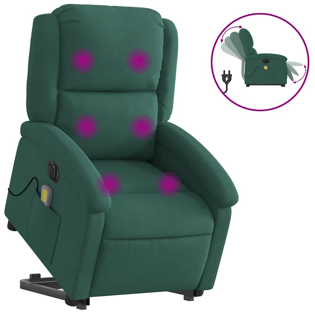 massagestol med løftefunktion velour mørkegrøn