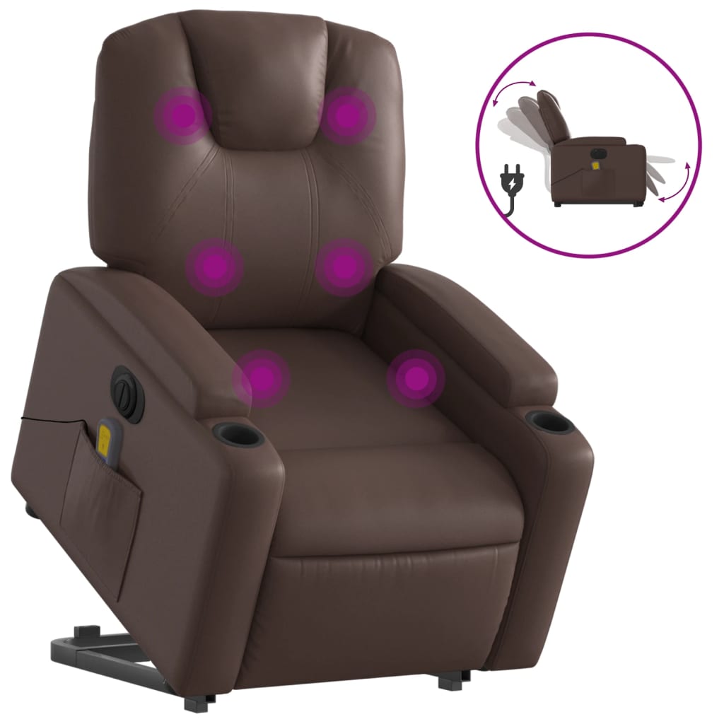 massagestol med løftefunktion kunstlæder brun