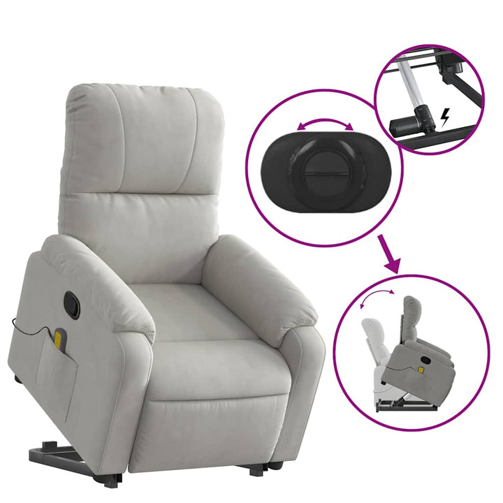 massagestol med løftefunktion mikrofiberstof lysegrå