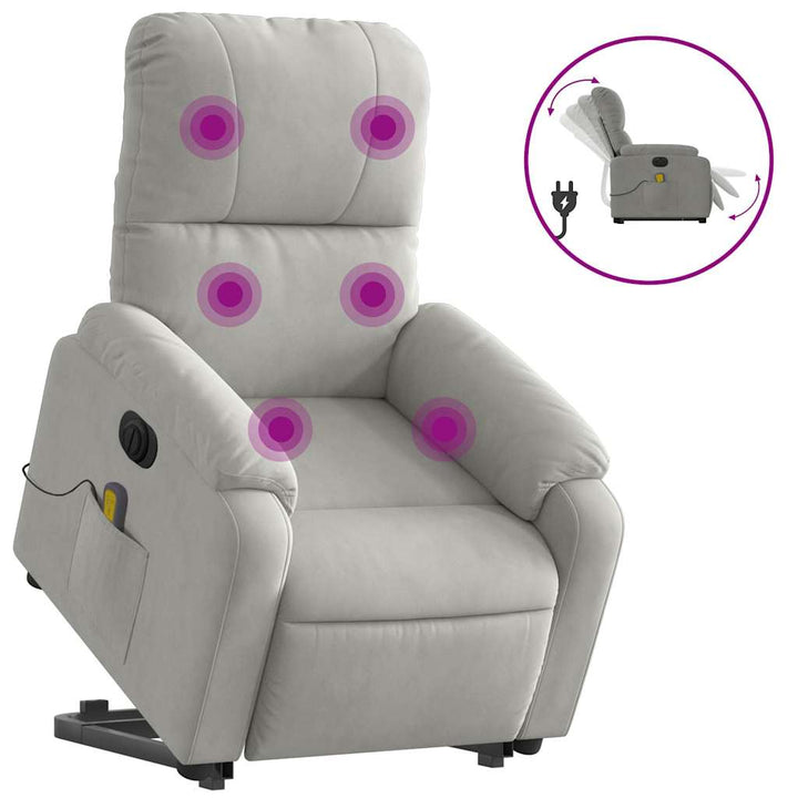 massagestol med løftefunktion mikrofiberstof lysegrå